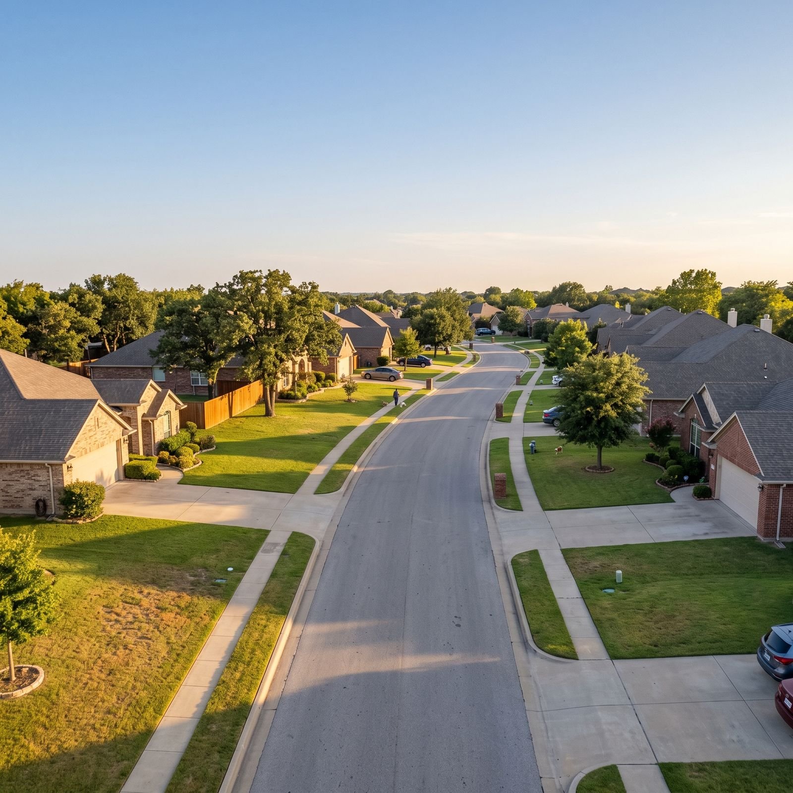 Tree-lined North Texas neighborhood of single-story brick homes at golden hour