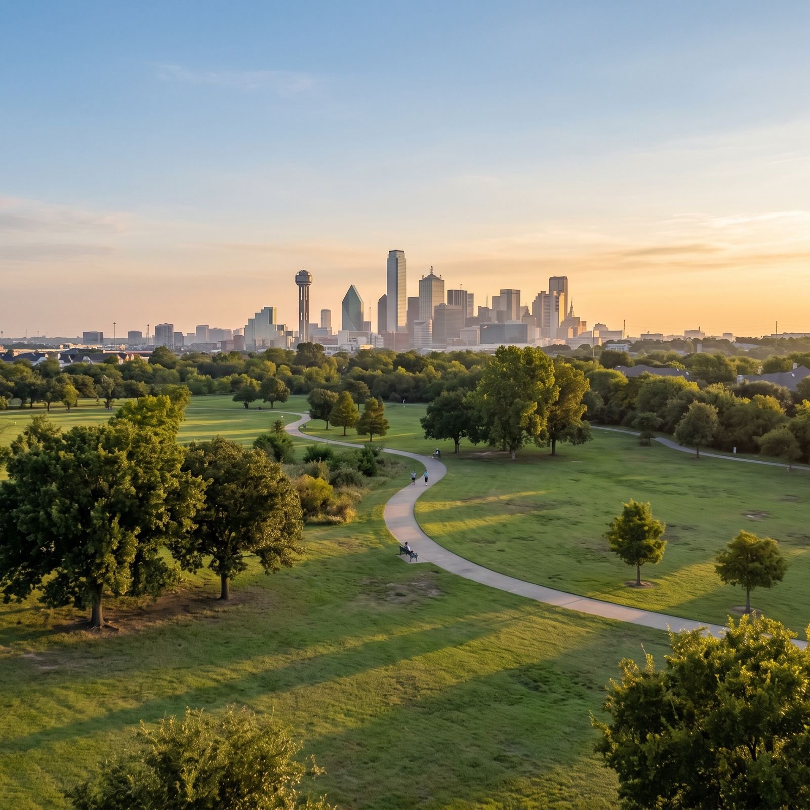 Dallas skyline beyond a green park in North Texas