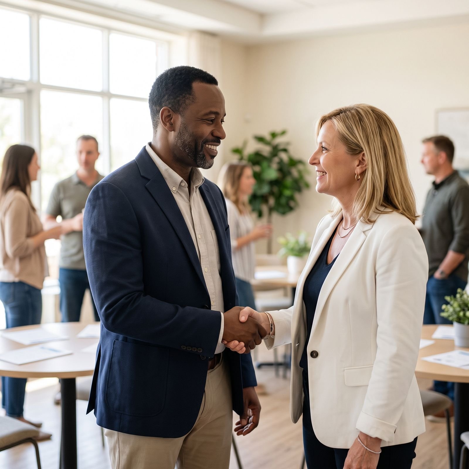 Two care home professionals shaking hands at a networking gathering