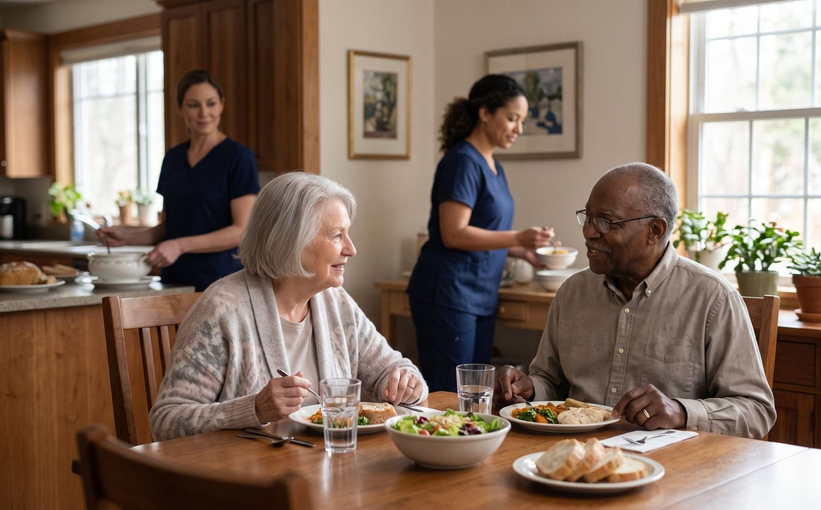 Residents sharing a home-cooked meal at the dining table of a residential care home