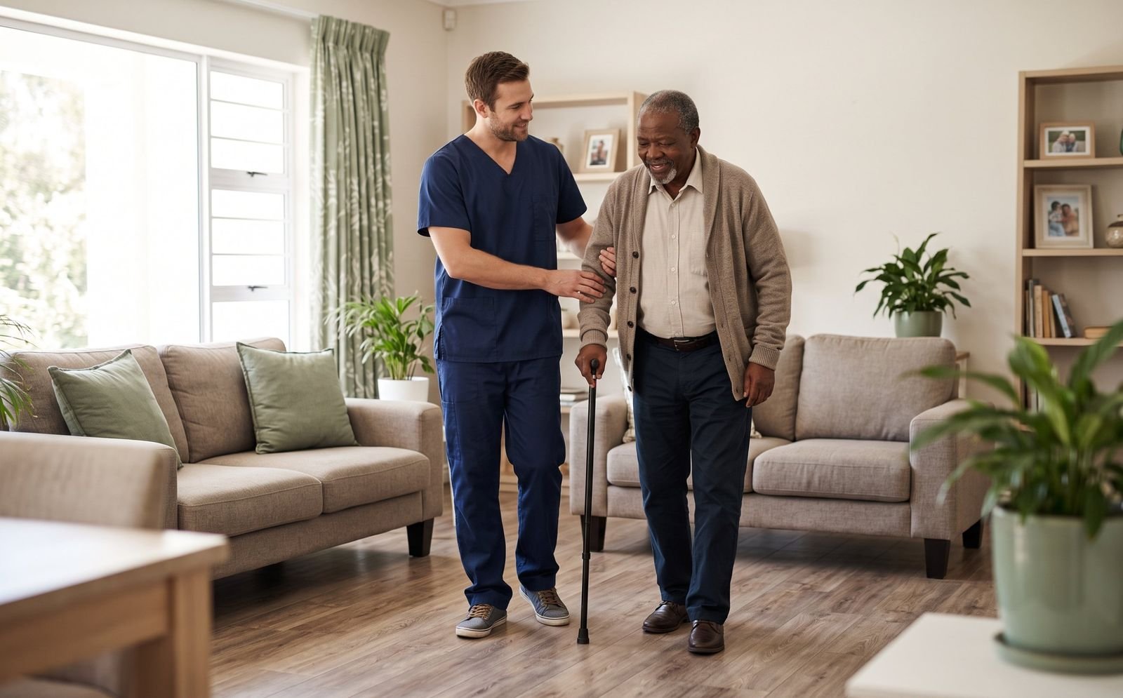 Caregiver helping an older man with a cane walk across a living room