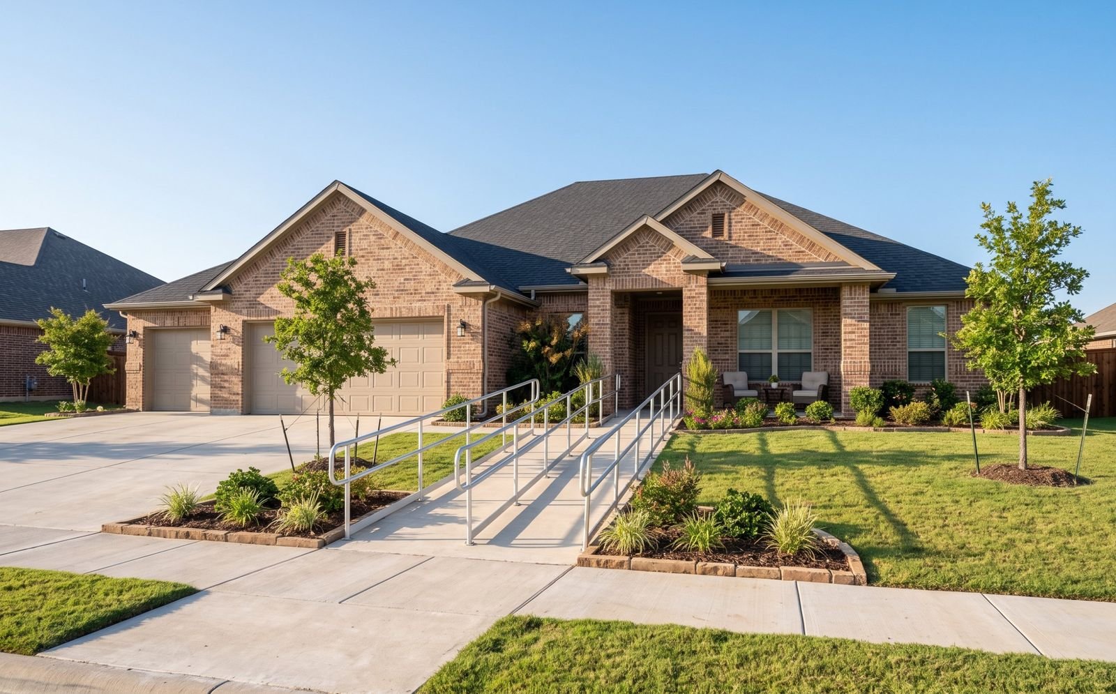 Brick ranch-style home with an accessible ramp, ready to open as a residential care home
