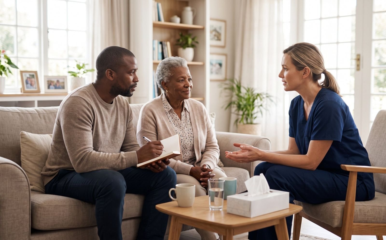 Son and mother asking a caregiver questions while touring a residential care home