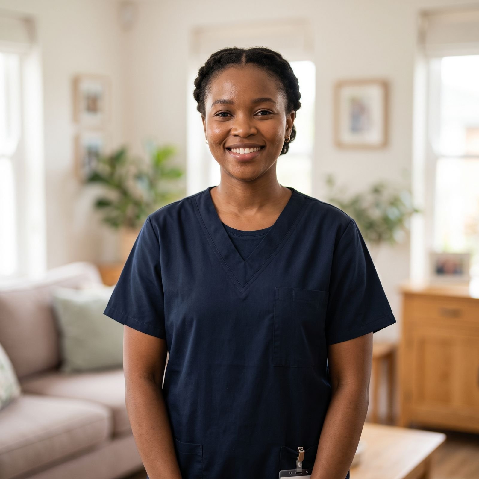 Smiling caregiver in navy scrubs in a residential care home