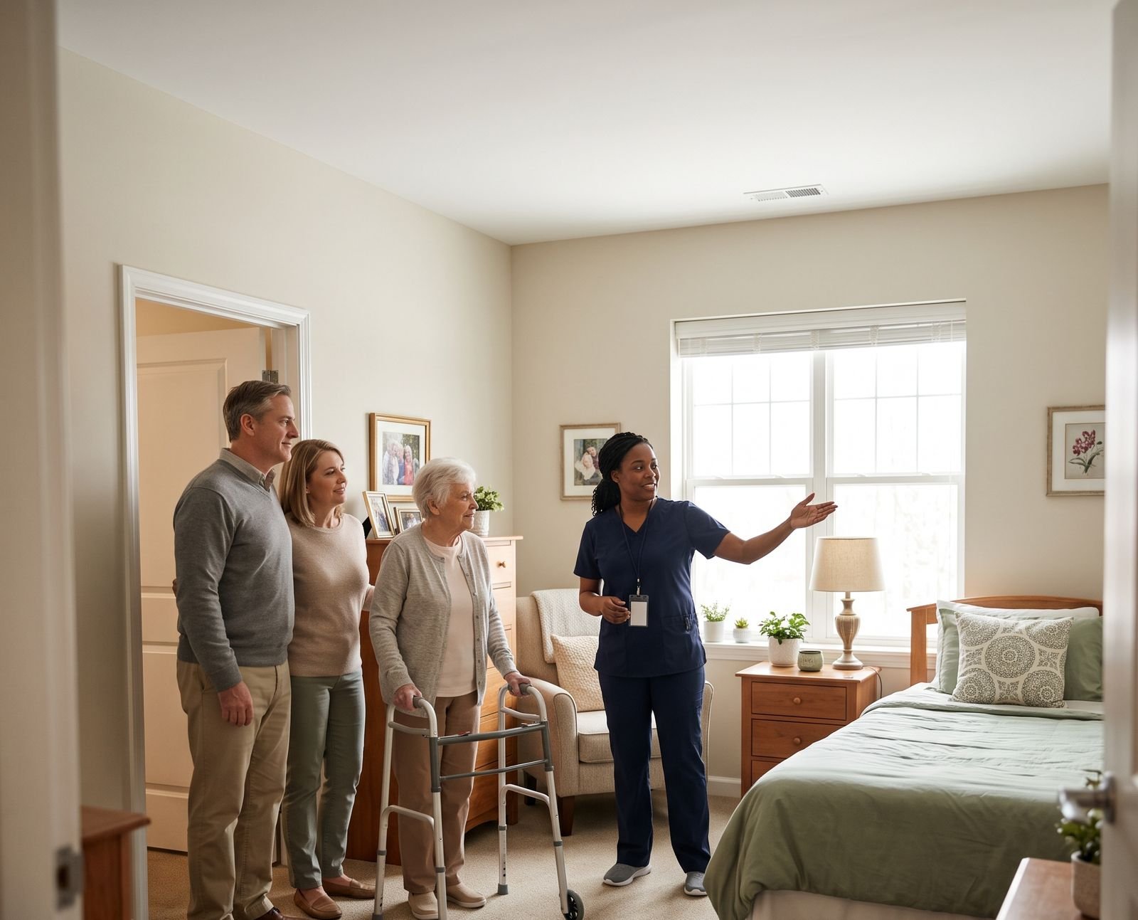 Family touring a bright private bedroom in a residential care home with a caregiver