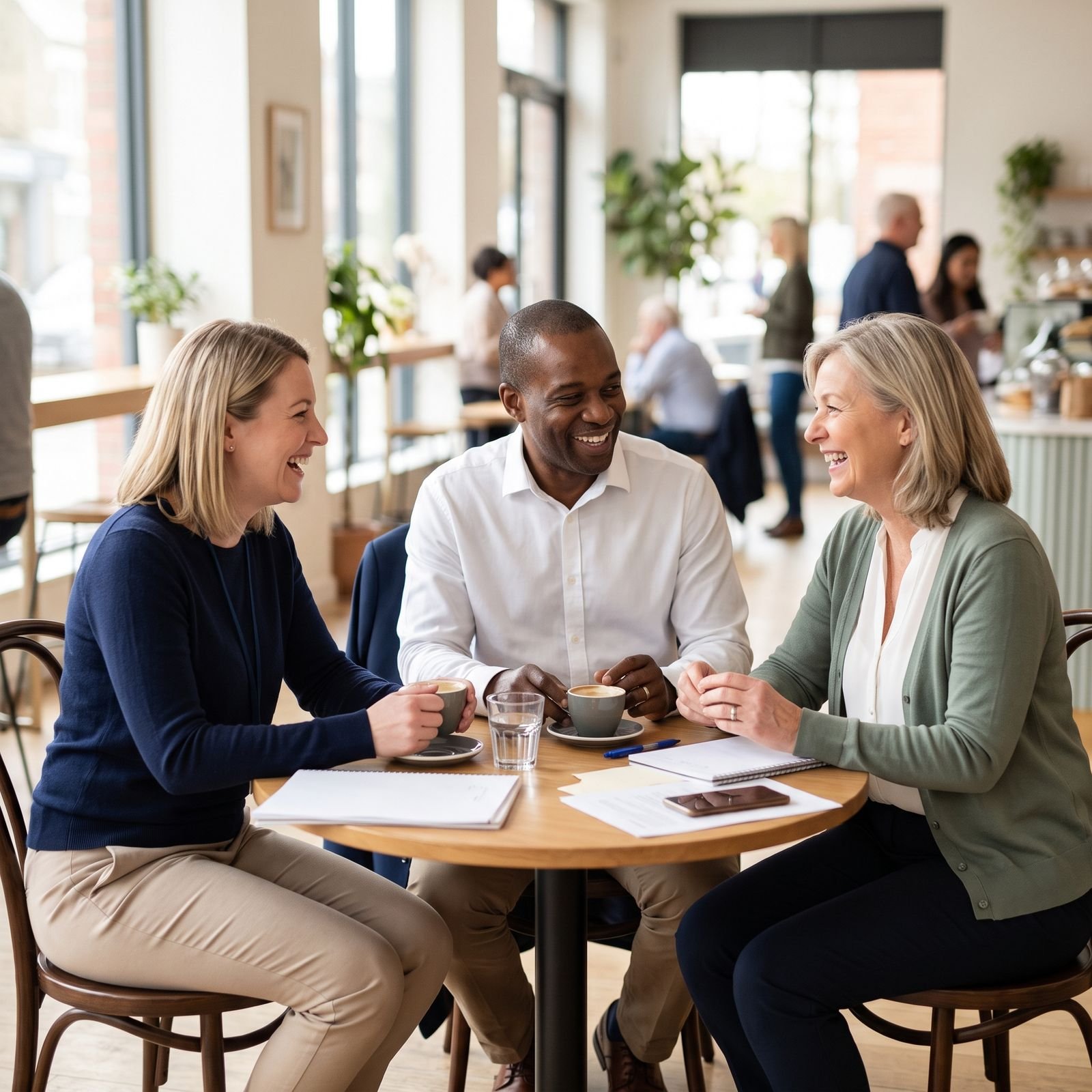 Senior care professionals talking over coffee