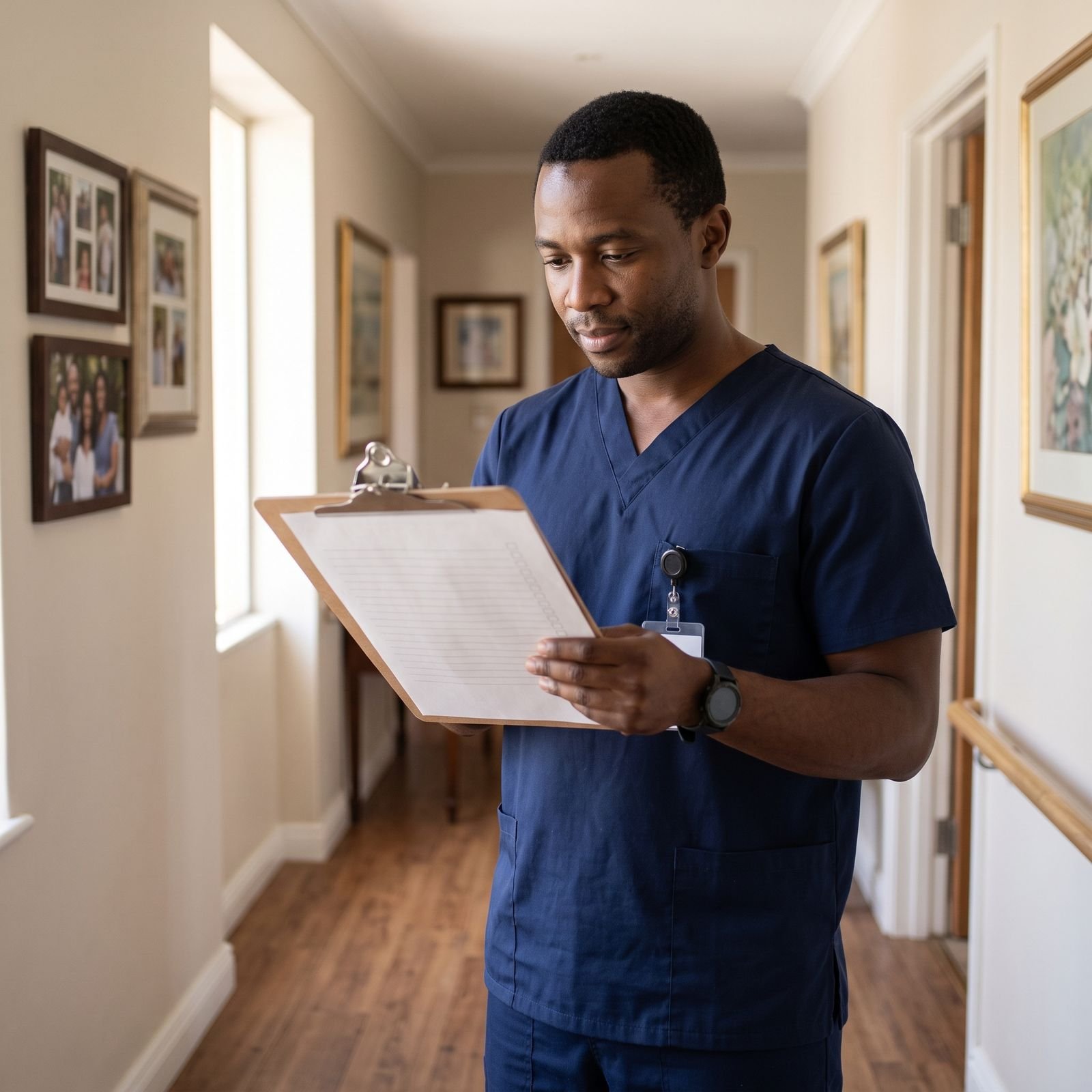 Caregiver reviewing a checklist in the hallway of a residential care home