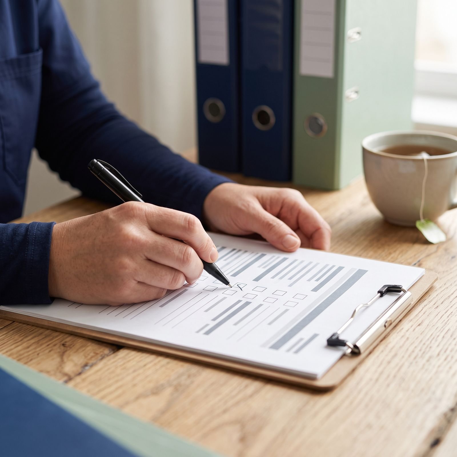 Caregiver completing a checklist on a clipboard beside policy binders