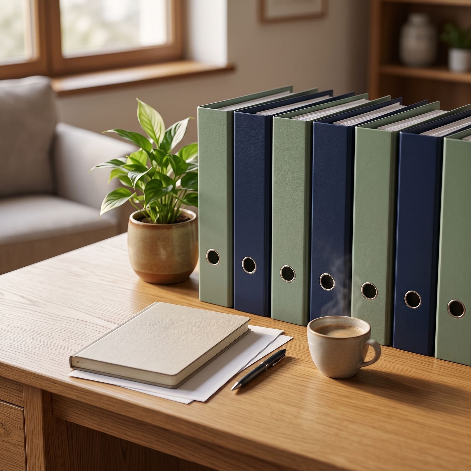 Navy and sage binders of policies and forms on a care home office desk