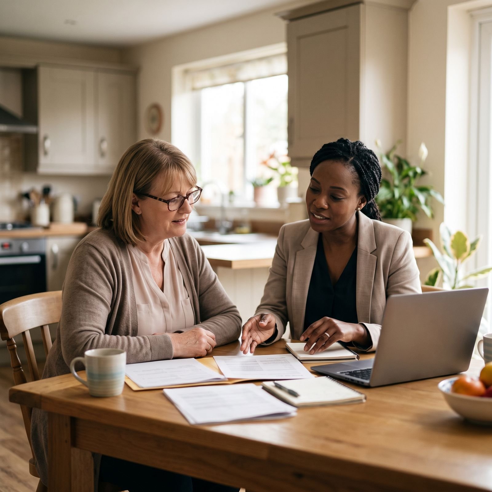 Care home owner reviewing documents with a consultant at a kitchen table