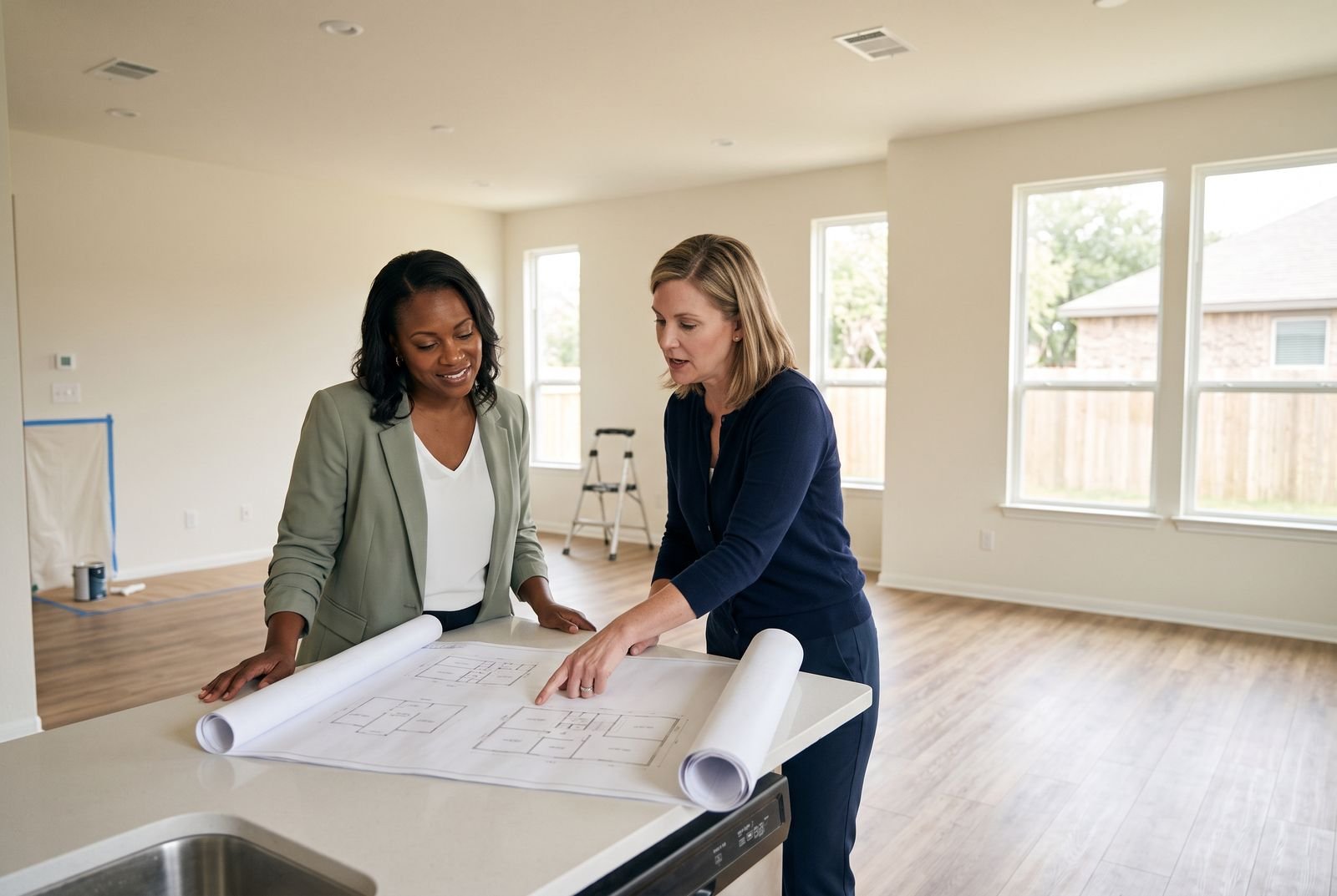Future care home owner reviewing floor plans with a consultant in a Texas home