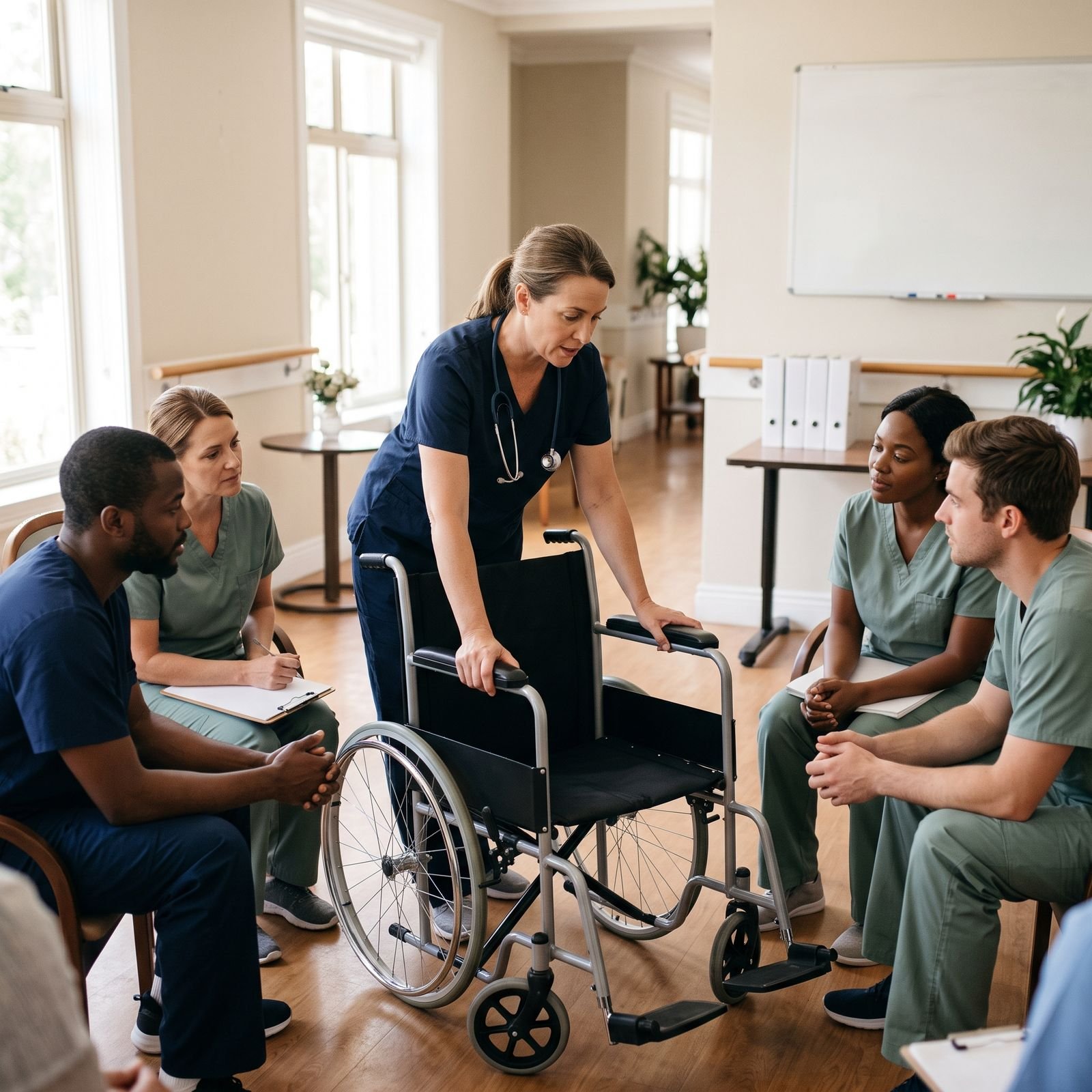 Nurse educator demonstrating safe wheelchair transfers to a group of caregivers